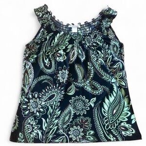 Carol Rose Paisley Sleeveless Blouse Green Black Boho Ruffle Strap Small Top